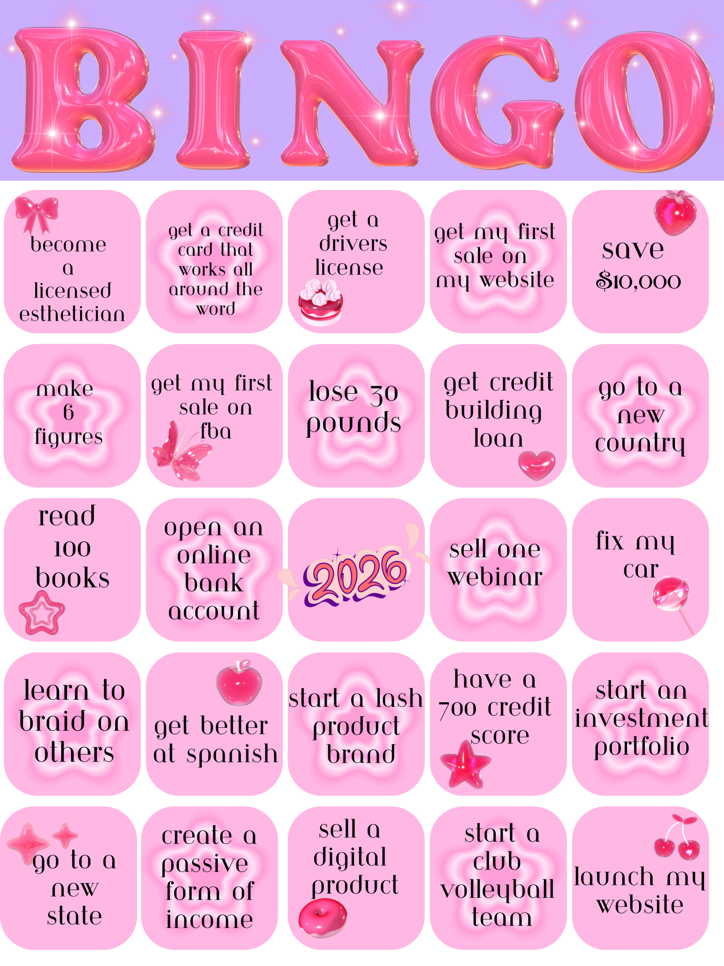 2026 New Years Resolution Bingo Card