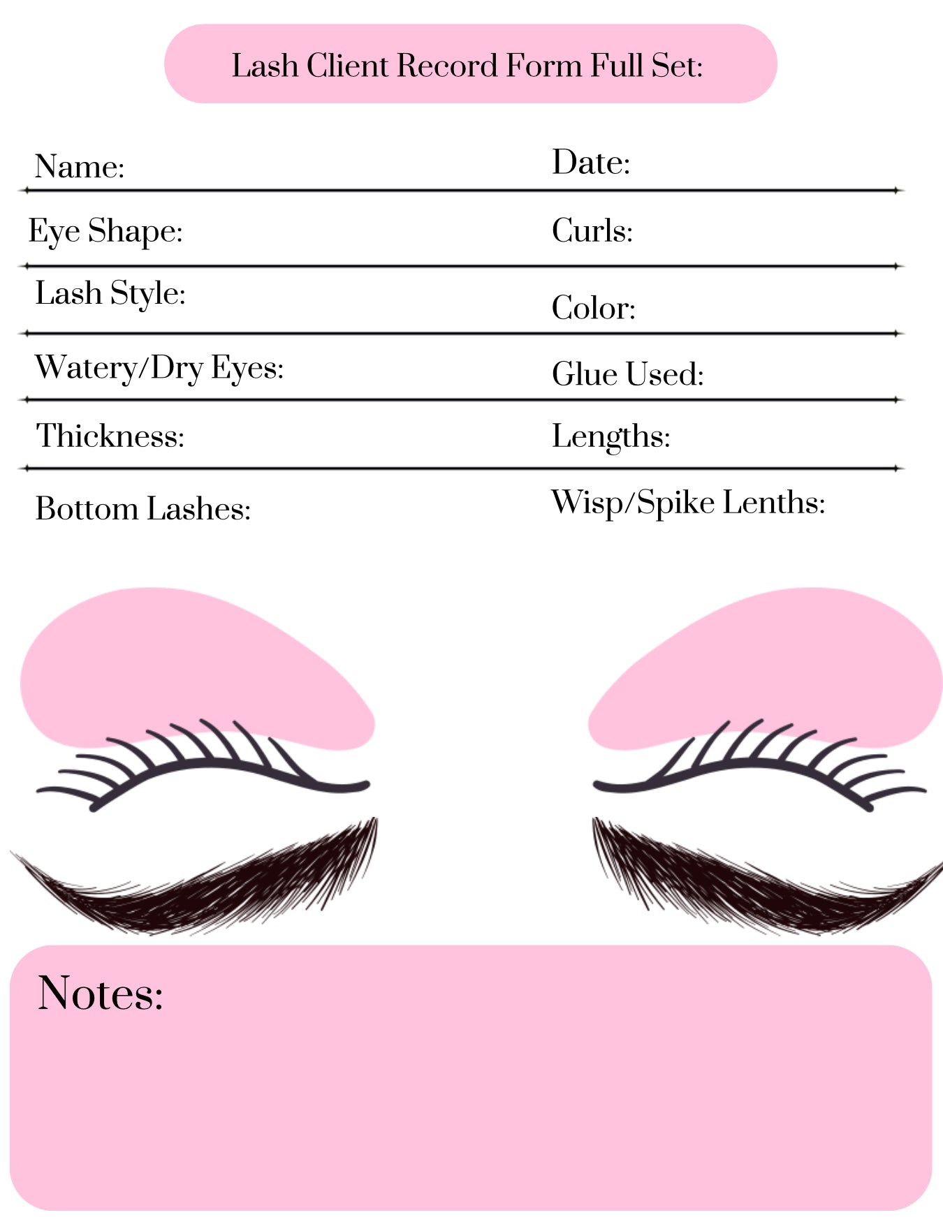 Client Lash Record Form Full Set